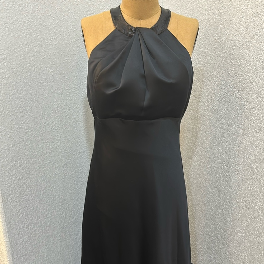 Calvin Klein Formal Black Satin Long Dress with Sequin Halter Neck SZ 8